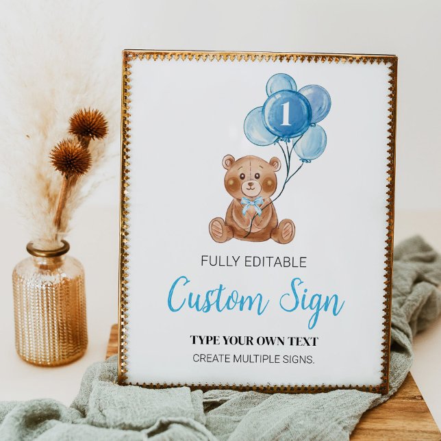 Blue Teddy Bear Custom Table Sign Birthday (Creator Uploaded)