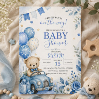 Blue Teddy Bear Driving Car Baby Shower Invitation