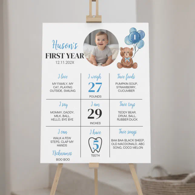 Blue Teddy Bear First Birthday Milestone Sign | Zazzle