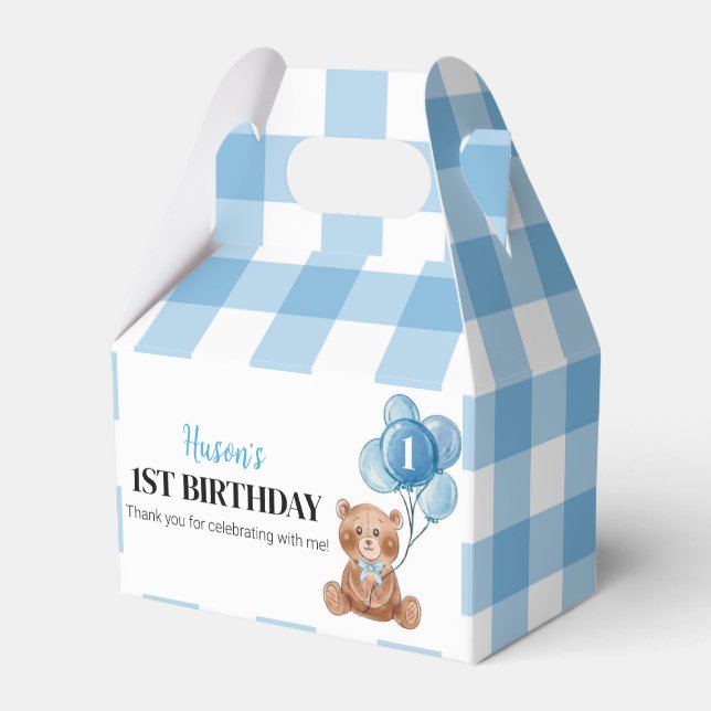 Blue Teddy Bear First Birthday Party Favor Box (Front Side)