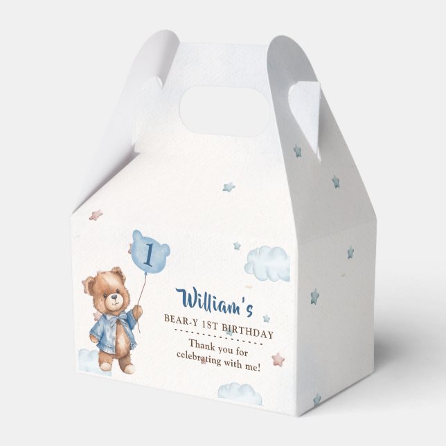 Blue Teddy Bear First Birthday Party Favor Box (Front Side)