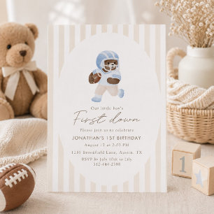 Blue Teddy bear First Down Football First Birthday Invitation