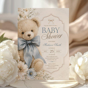 Blue Teddy Bear Floral Baby Shower Invitation