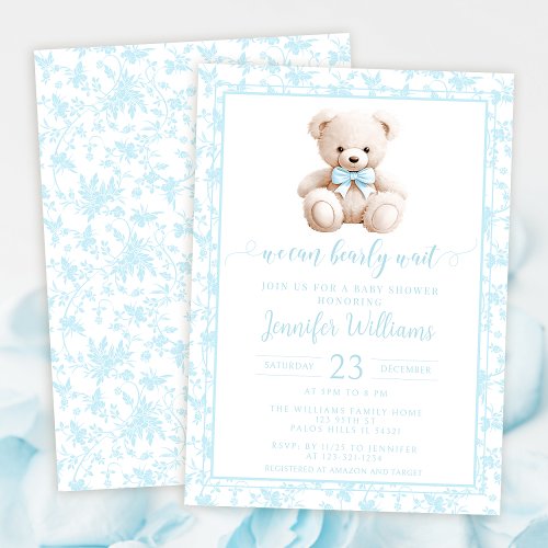 Blue teddy bear floral pattern baby boy shower invitation