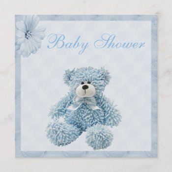 Blue Teddy Bear & Flowers Boy Baby Shower Invitation by AJ_Graphics at Zazzle