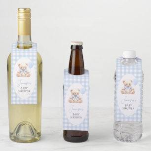 Blue Teddy Bear Gingham Bow Baby Boy Shower Bottle Hanger Tag