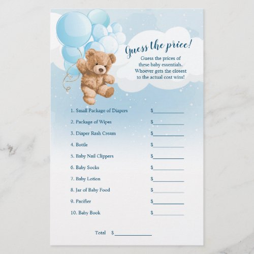 Blue Teddy Bear Guess The Price Baby Shower Game Flyer