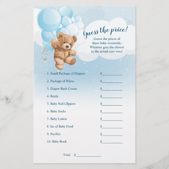 Blue Teddy Bear Guess The Price Baby Shower Game Flyer (Front)