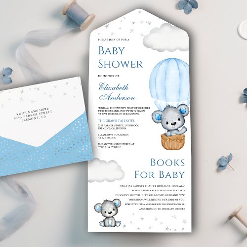 Blue Teddy Bear Hot Air Balloon Baby Shower All In One Invitation