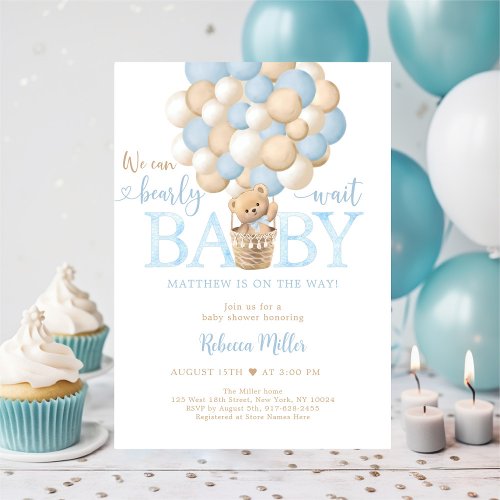 Blue Teddy Bear Hot Air Balloon Baby Shower Invitation