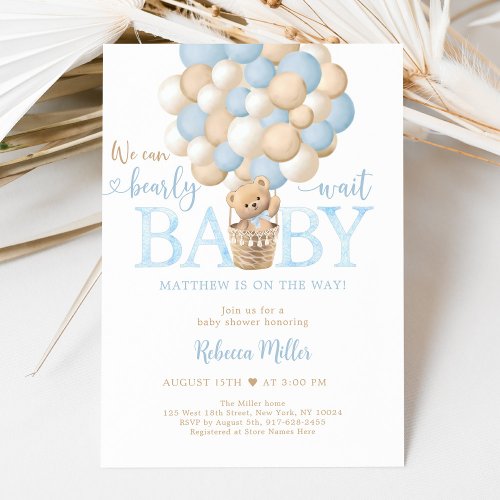 Blue Teddy Bear Hot Air Balloon Baby Shower Invitation