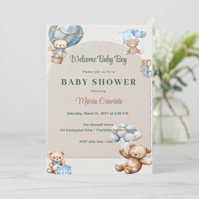 Blue Teddy Bear Hot Air Balloon Baby Shower  Invitation (Standing Front)