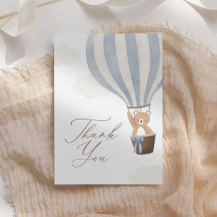 Blue Teddy Bear Hot Air Balloon Baby Shower Letterpress Thank You Card