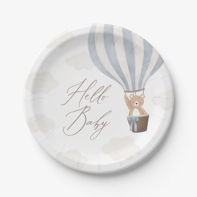 Blue Teddy Bear Hot Air Balloon Baby Shower Paper Plates (Front)