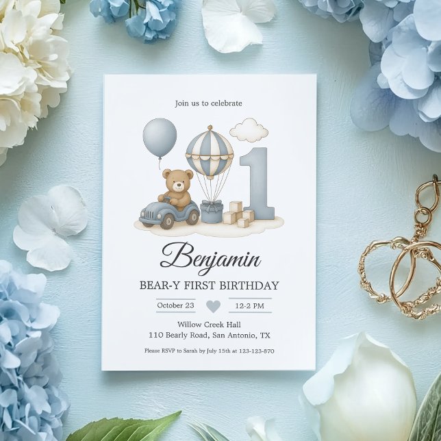 Blue Teddy Bear & Hot Air Balloon Beary First Birt Invitation (Blue Teddy Bear 1st Birthday invite—hot air balloon, pastel flat-lay, editable template.)