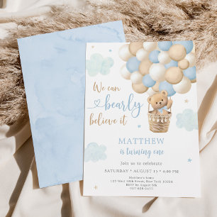 Blue Teddy Bear Hot Air Balloon Birthday Invitation