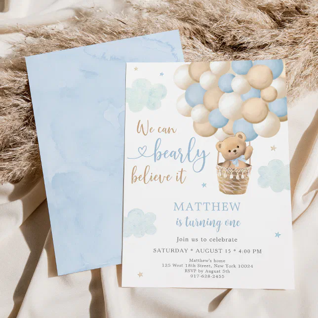 Blue Teddy Bear Hot Air Balloon Birthday Invitation | Zazzle