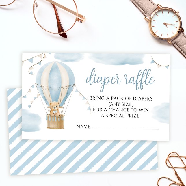 Blue teddy bear hot air balloon diaper raffle enclosure card (Creator Uploaded)