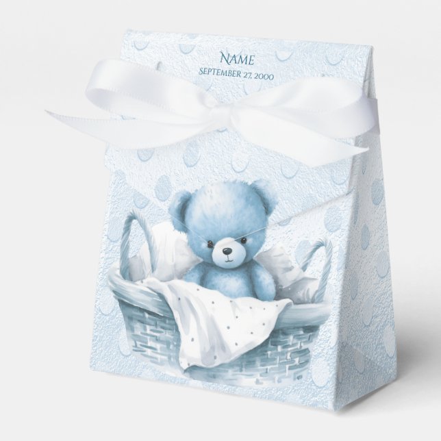 Blue Teddy Bear in Basket Favor Box (Front Side)