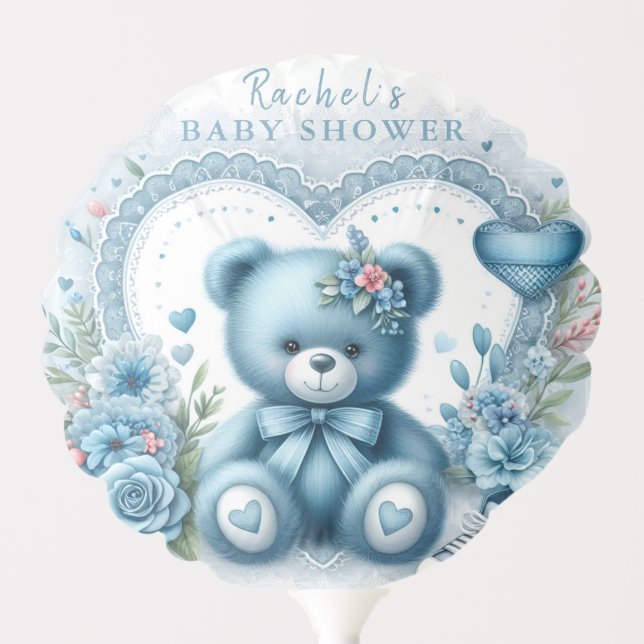 Blue Teddy Bear Lace and Flowers 1 - Baby Shower Balloon (Front)