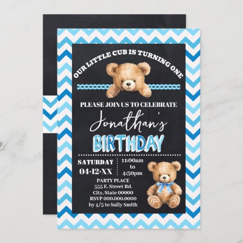 Blue Teddy Bear Little Cub Turning One Birthday Invitation