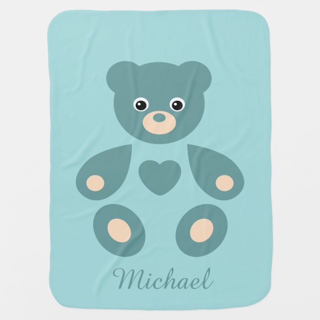 Blue Teddy Bear Monogram Baby Blanket (Front)