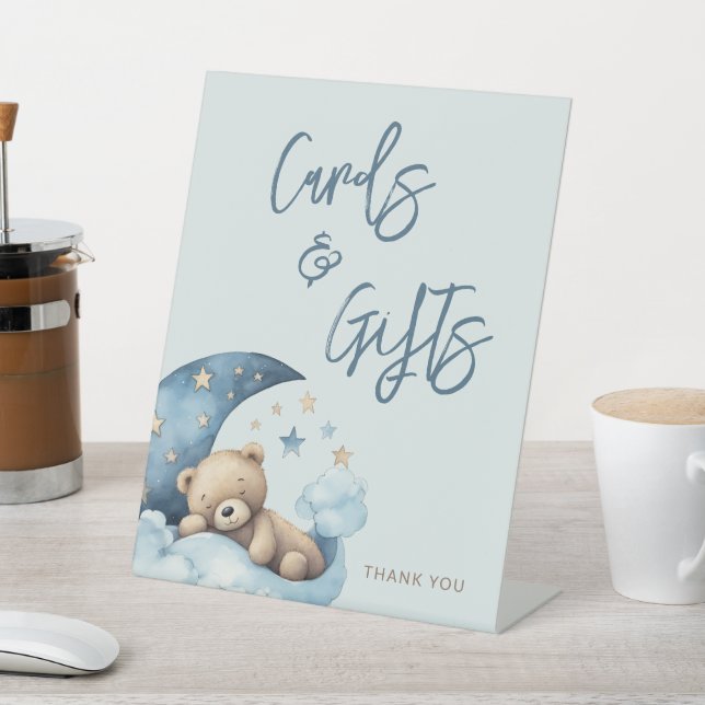 Blue Teddy Bear Moon Baby Shower Cards Gifts  Pedestal Sign (In SItu)