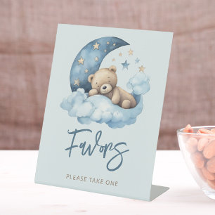 Blue Teddy Bear Moon Baby Shower Favors Pedestal Sign
