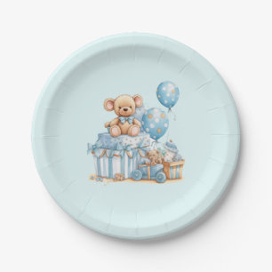 Blue Teddy Bear Moon & Stars Boy Baby Shower Paper Plates