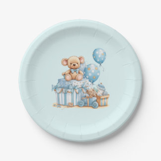 Blue Teddy Bear Moon & Stars Boy Baby Shower Paper Plates