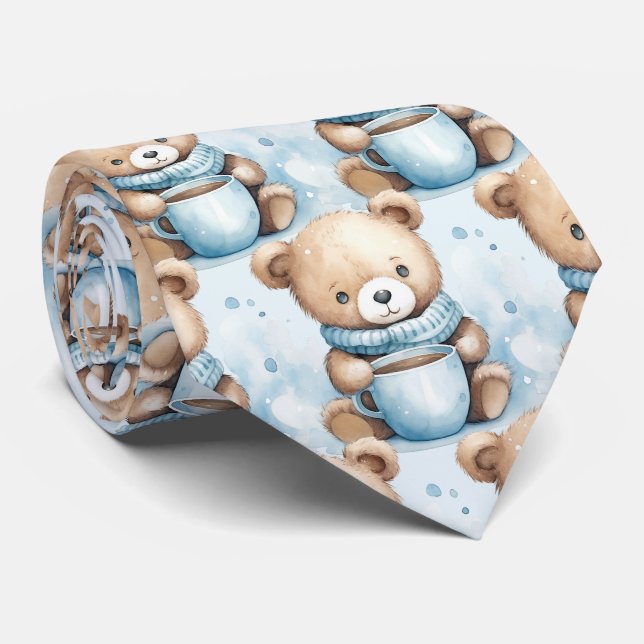 Blue Teddy Bear  Neck Tie (Rolled)
