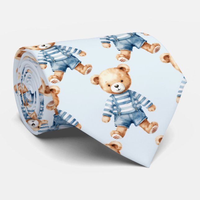 Blue Teddy Bear  Neck Tie (Rolled)