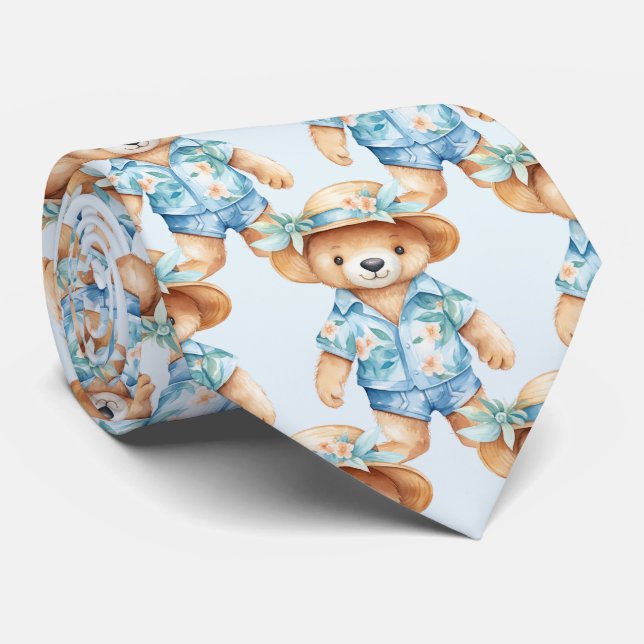 Blue Teddy Bear  Neck Tie (Rolled)