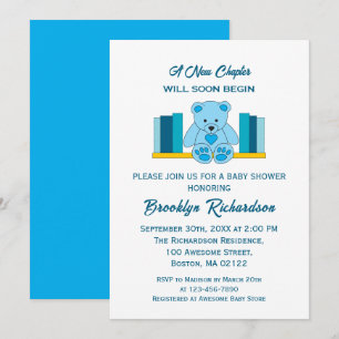 Blue Teddy Bear New Chapter Storybook Baby Shower Invitation