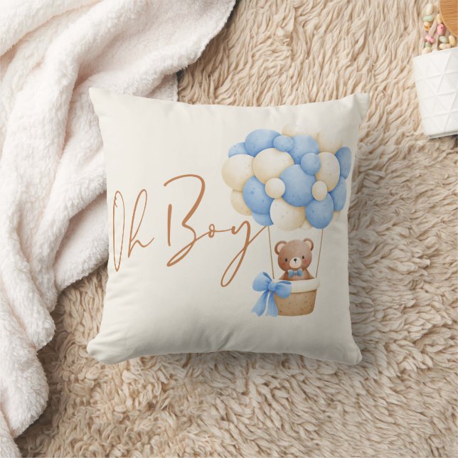 Blue Teddy Bear Oh Boy Balloon Baby Shower Decor Throw Pillow (Blanket)