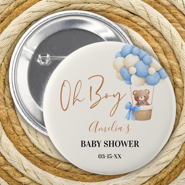Blue Teddy Bear Oh Boy Balloon Baby Shower Party Button (Creator Uploaded)
