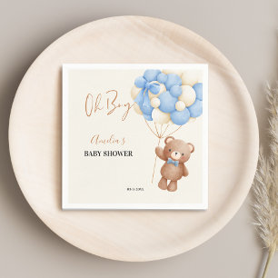 Blue Teddy Bear Oh Boy Balloon Baby Shower Party Napkins
