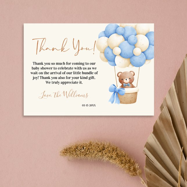 Blue Teddy Bear Oh Boy Balloon Baby Shower Thank You Card (Creator Uploaded)
