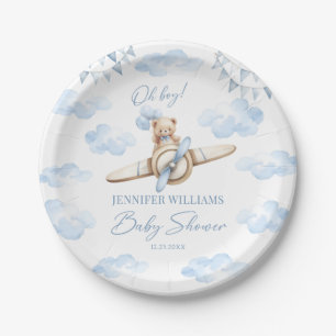 Blue Teddy Bear on Airplane Baby Boy Shower Paper Plates