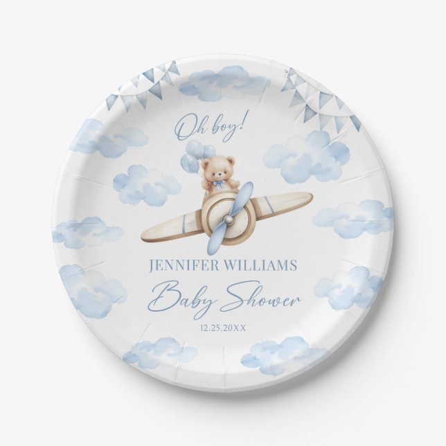 Blue Teddy Bear on Airplane Baby Boy Shower Paper Plates (Front)