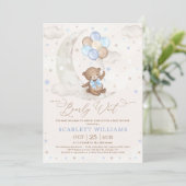 Blue Teddy Bear on Moon with Balloons Baby Shower Invitation (Standing Front)