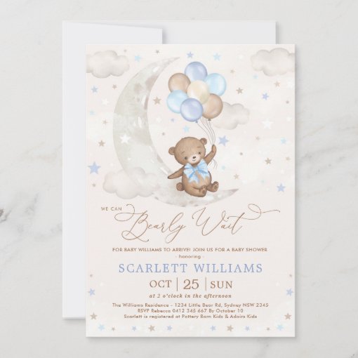 Blue Teddy Bear on Moon with Balloons Baby Shower Invitation | Zazzle