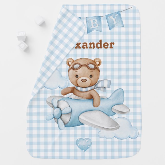 Blue Teddy Bear on plane Baby Blanket (In Situ)
