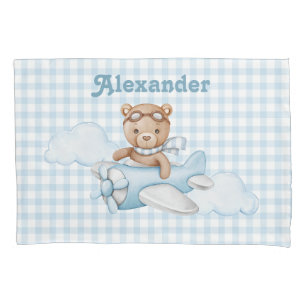 Blue Teddy Bear on plane Pillow Case