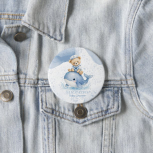 Blue Teddy Bear On Whale Boy Baby Shower Button