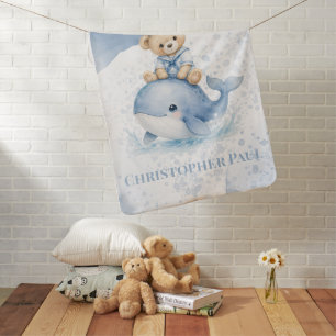 Blue Teddy Bear On Whale Boy Baby Shower Name Blanket