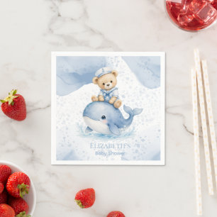 Blue Teddy Bear On Whale Boy Baby Shower Napkins
