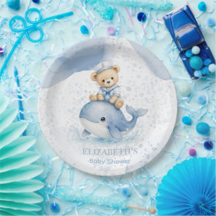 Blue Teddy Bear On Whale Boy Baby Shower Paper Plates