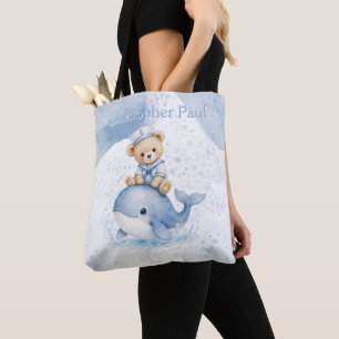 Blue Teddy Bear On Whale Boy Baby Shower Tote Bag