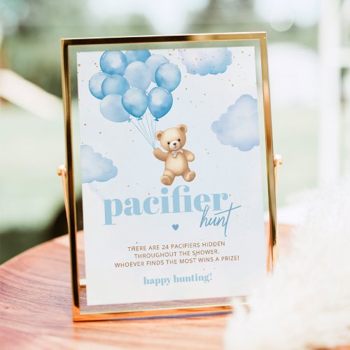 Blue teddy bear Pacifier hunt baby shower game Poster